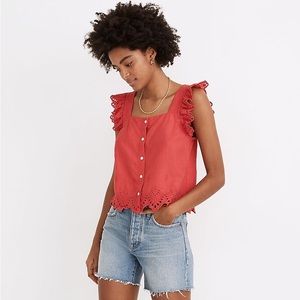 Madewell Linen Blend Eyelet Ruffle-Strap Button-Up Tank Top